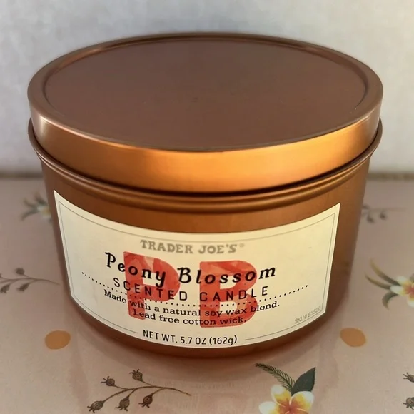 TRADER JOE’S Candle Peony Blossom Scented Rose Gold Tin container - Picture 2 of 3